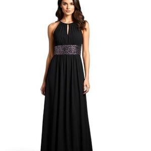 KATHY ROBERTS Dress Prom Maxi Long Black Formal Glittery Waist Band Womens SZ 8